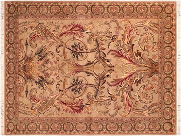 handmade Traditional Bhati Taupe Green Hand Knotted RECTANGLE 100% WOOL area rug 6x9